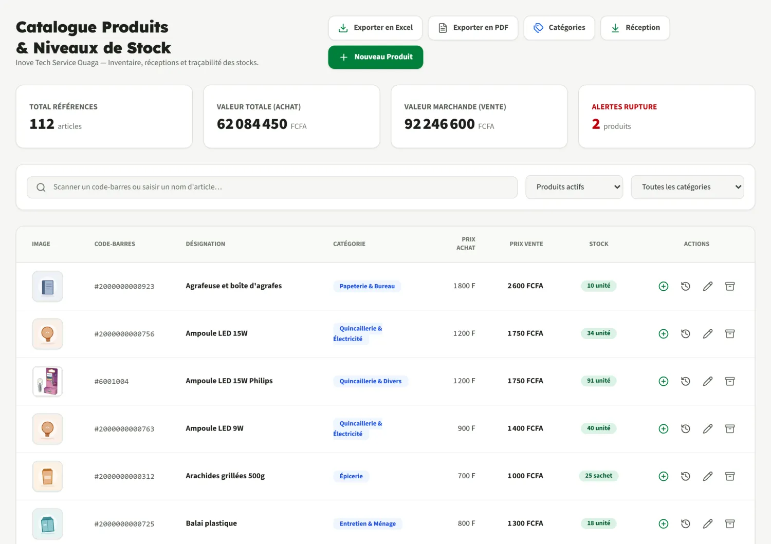 Catalogue de produits InoveStock avec quantités en stock et prix