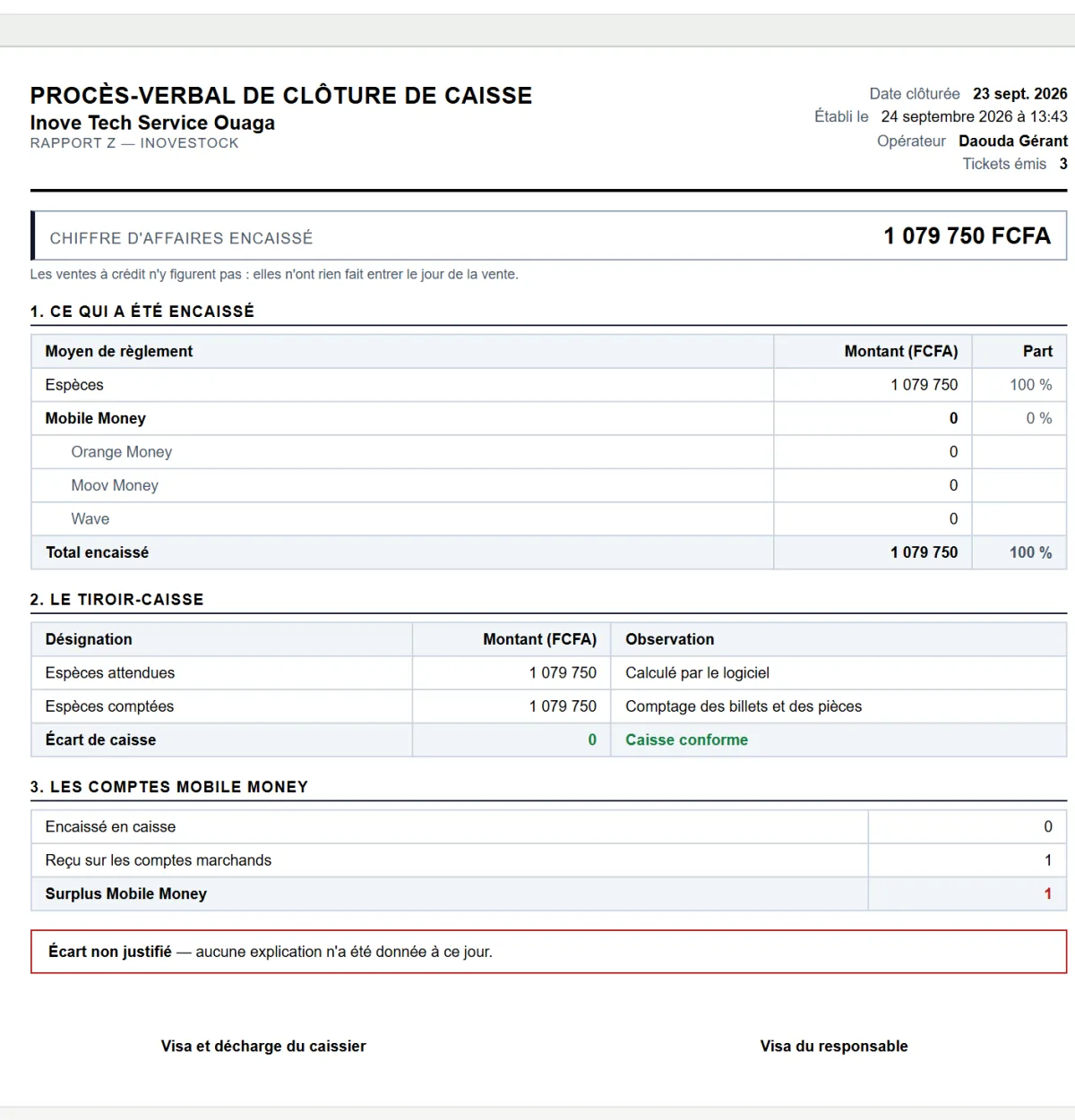 Procès-verbal de clôture de caisse InoveStock