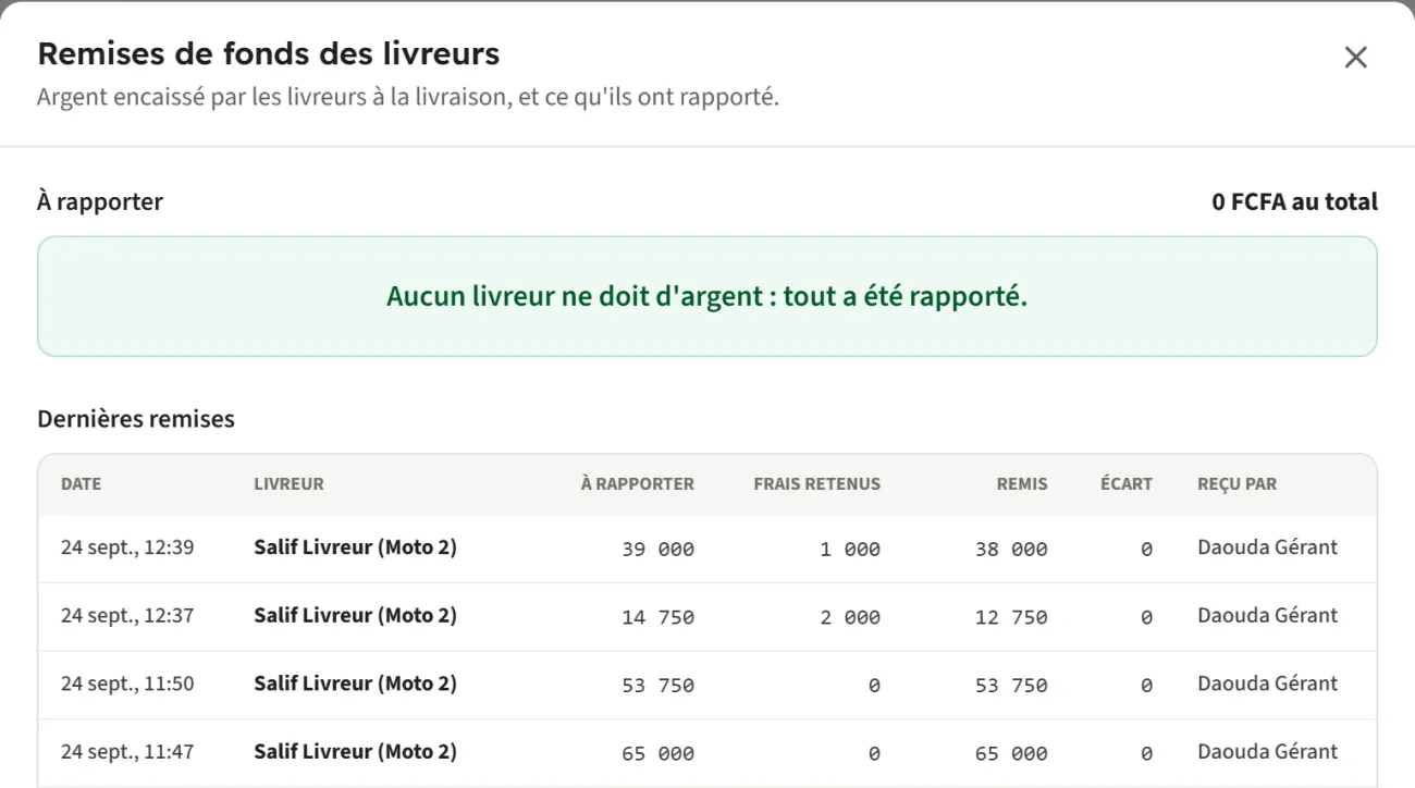 Remises de fonds des livreurs dans InoveStock