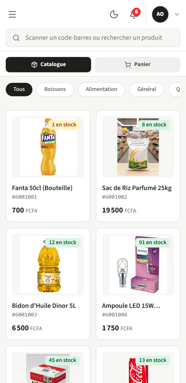 Caisse InoveStock sur téléphone, en FCFA