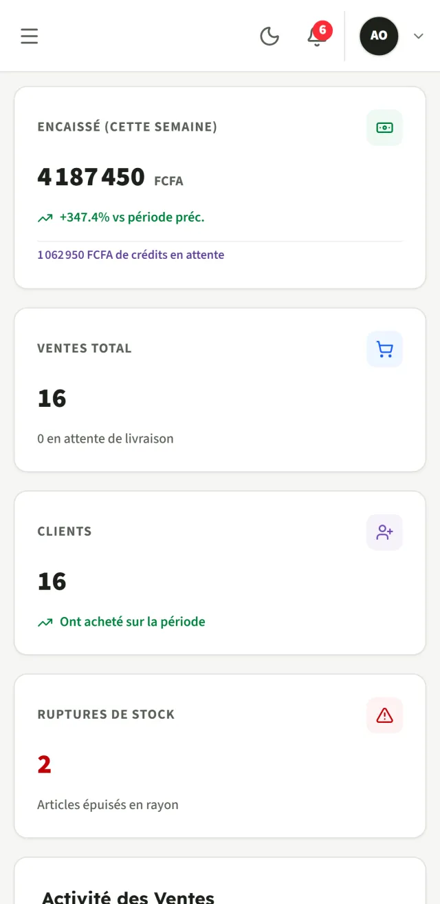 Tableau de bord InoveStock sur téléphone