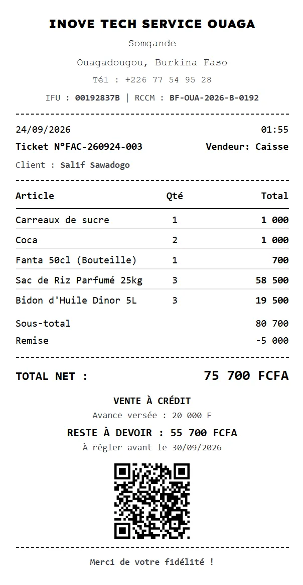 Ticket de caisse InoveStock avec les articles et le total