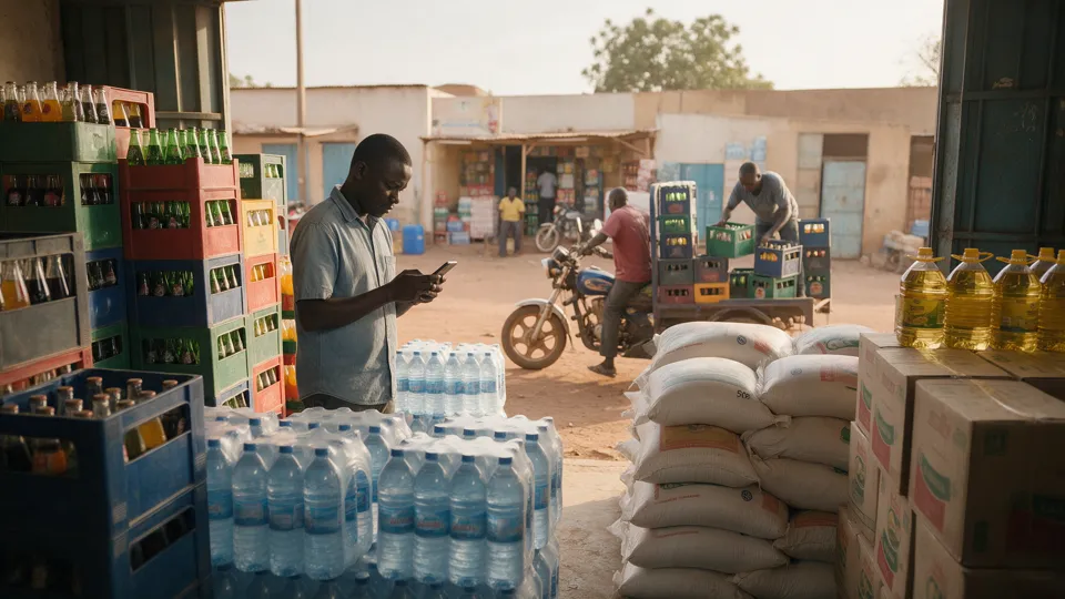 Un dépôt de boissons avec des casiers empilés et un tricycle de livraison