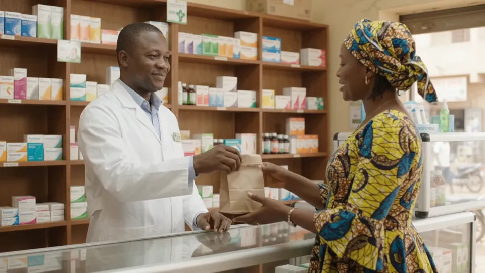 Un pharmacien remet un sachet de médicaments à une cliente au comptoir