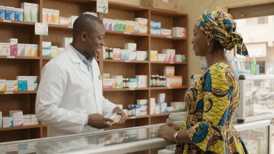 Une pharmacienne sert une cliente au comptoir d'une pharmacie de quartier