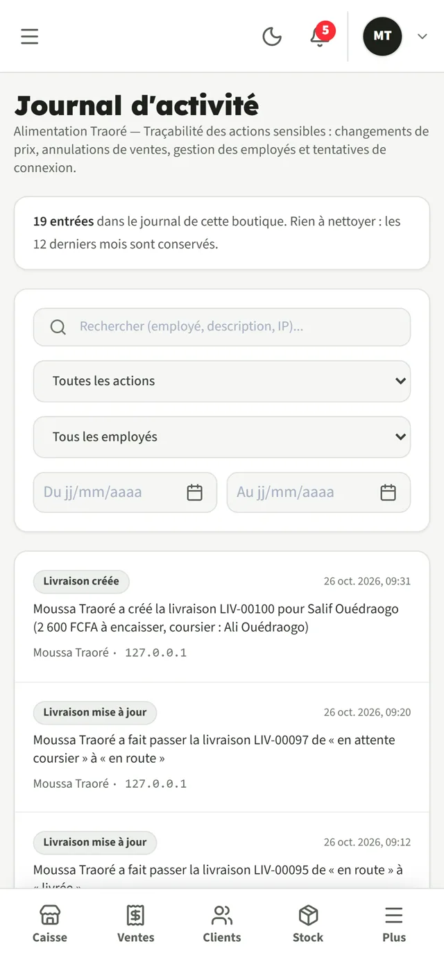 Journal d'activité InoveStock sur téléphone
