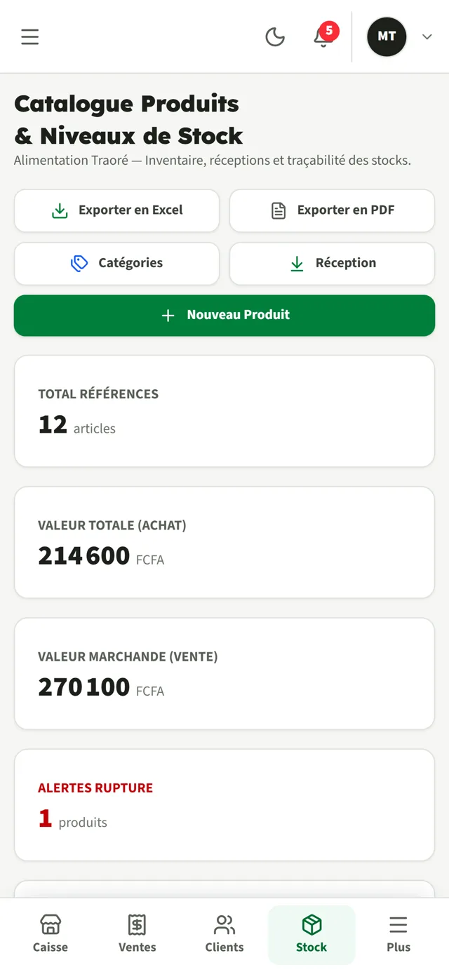 Catalogue InoveStock sur téléphone : nombre d'articles, valeur du stock à l'achat et à la vente, alertes de rupture