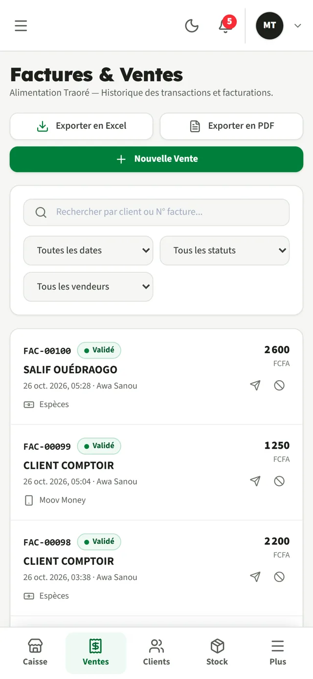 Historique des factures et ventes InoveStock sur téléphone, avec le vendeur et le moyen de paiement