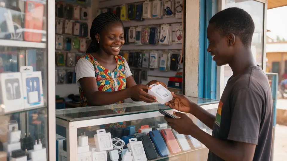 Une vendeuse présente des accessoires de téléphone dans sa boutique