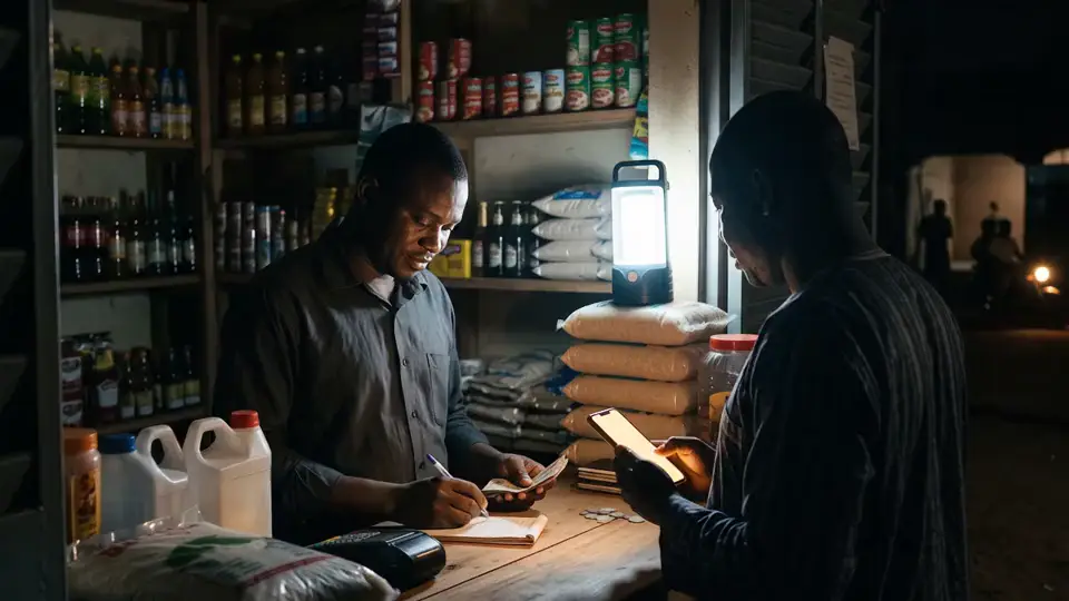 Un commerçant sert un client à la lumière d'une lampe pendant une coupure de courant