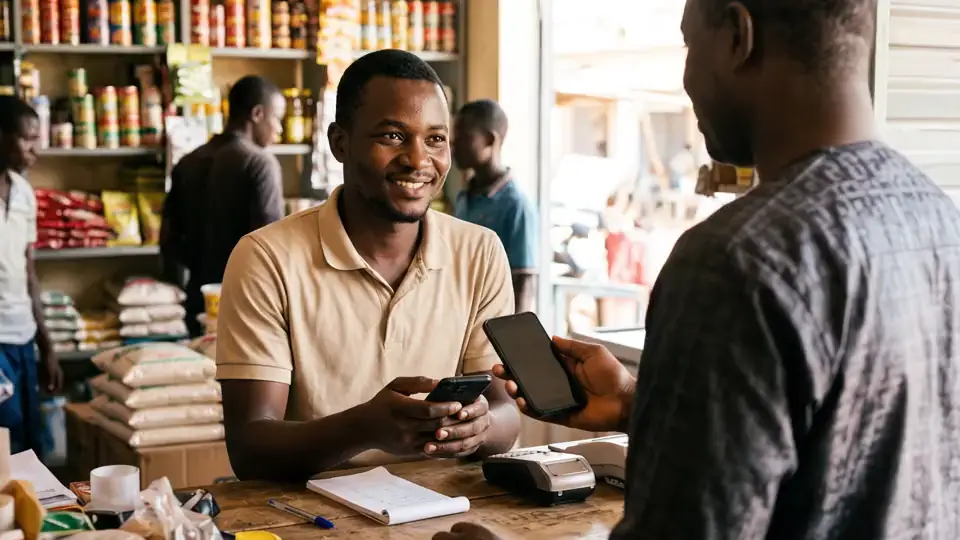 Un client paie par Mobile Money au comptoir d'une boutique