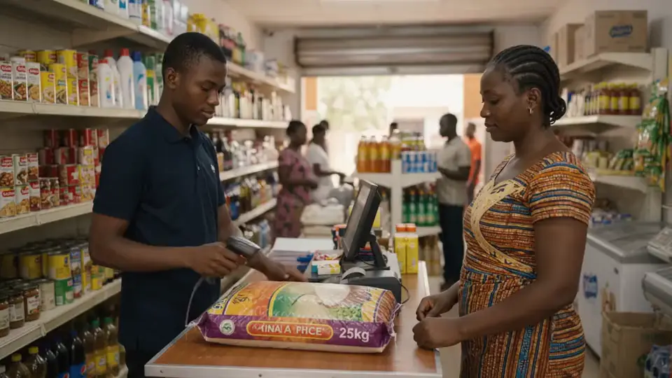 Un vendeur scanne un sac de riz de 25 kg au comptoir d'une alimentation
